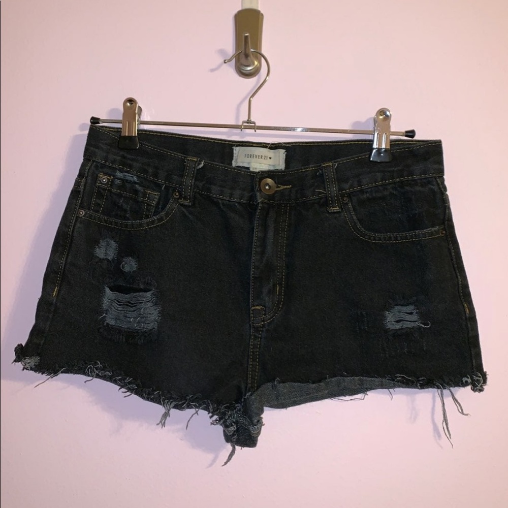 Forever 21 Black High Rise Raw Cut Hem Distressed Denim Shorts Size 28